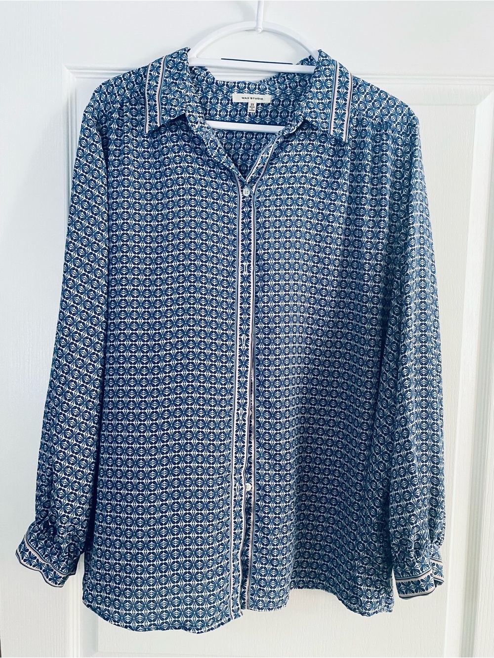 Max Studio Royal blue  and White with pink toned Printed Button-Up Blouse